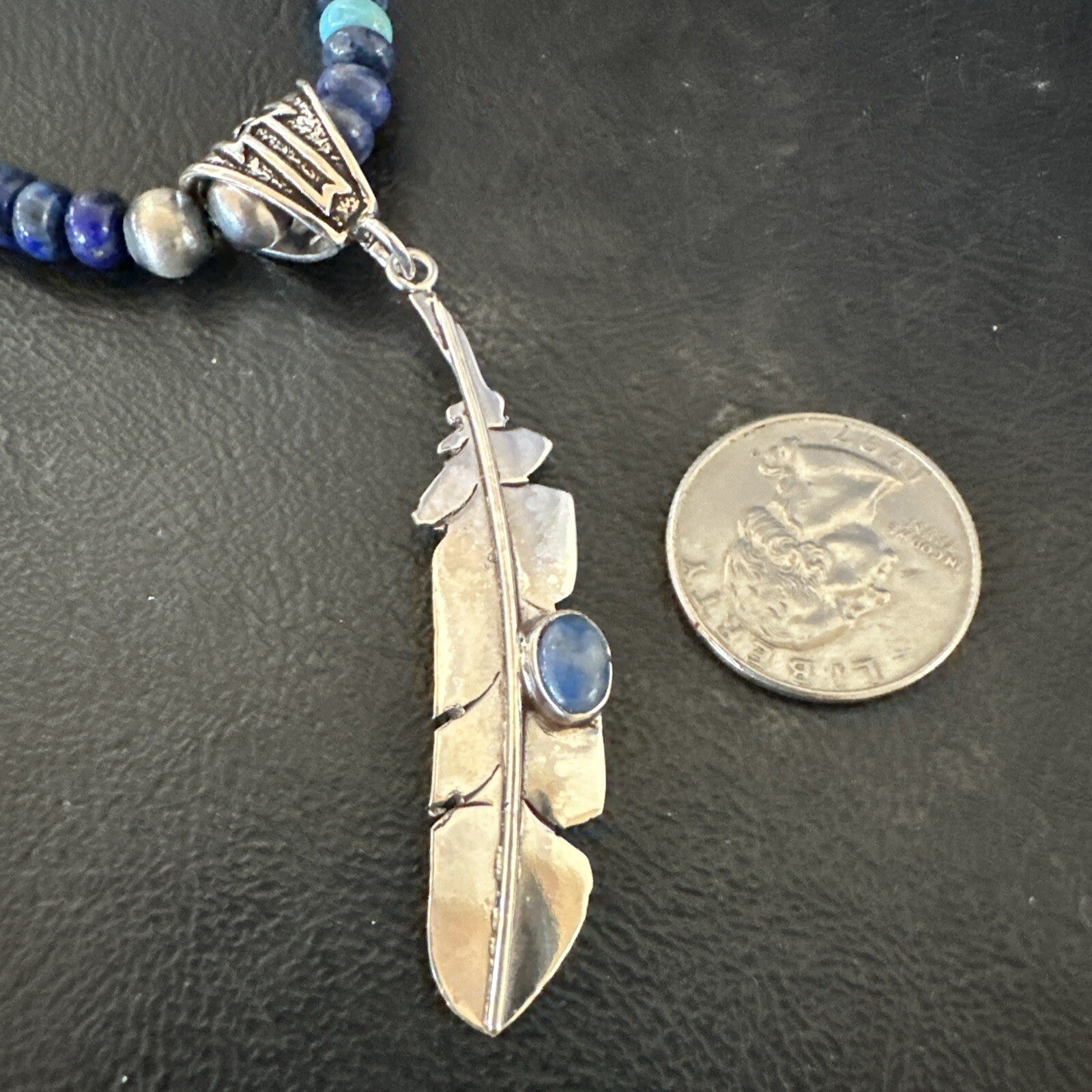 Blue Turquoise Lapis Feather Pendant Navajo Sterling Silver Necklace 21” 17790