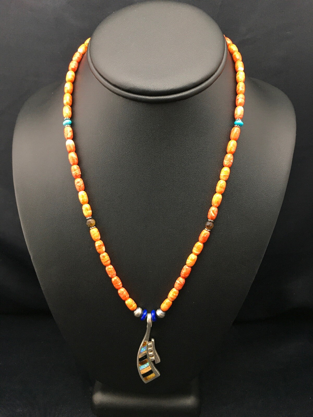 Multi-Stone Pendant Spiny Oyster Navajo Sterling Silver Necklace 19" 04519