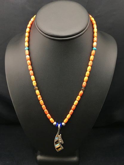 Multi-Stone Pendant Spiny Oyster Navajo Sterling Silver Necklace 19" 04519