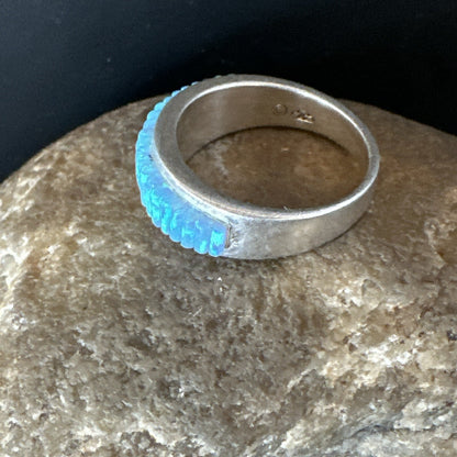 Blue Opal Navajo Sterling Silver Band Inlay Ring Size7 18800
