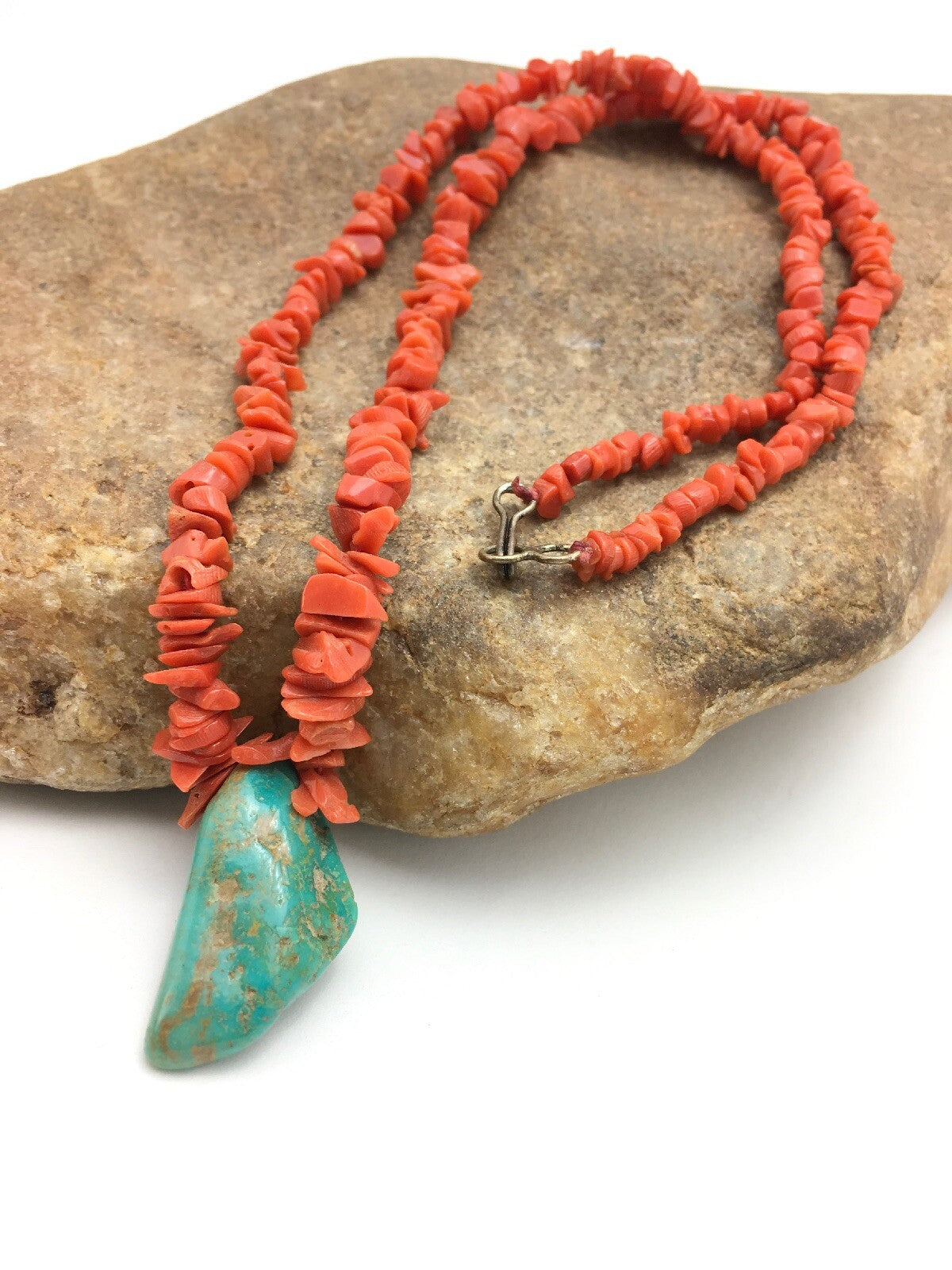Native American Turquoise Pendant Coral Brass Old Pawn Necklace 19" 04006