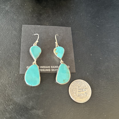 Blue Kingman Turquoise Navajo Sterling Silver Dangle 1.5" Earrings 14576