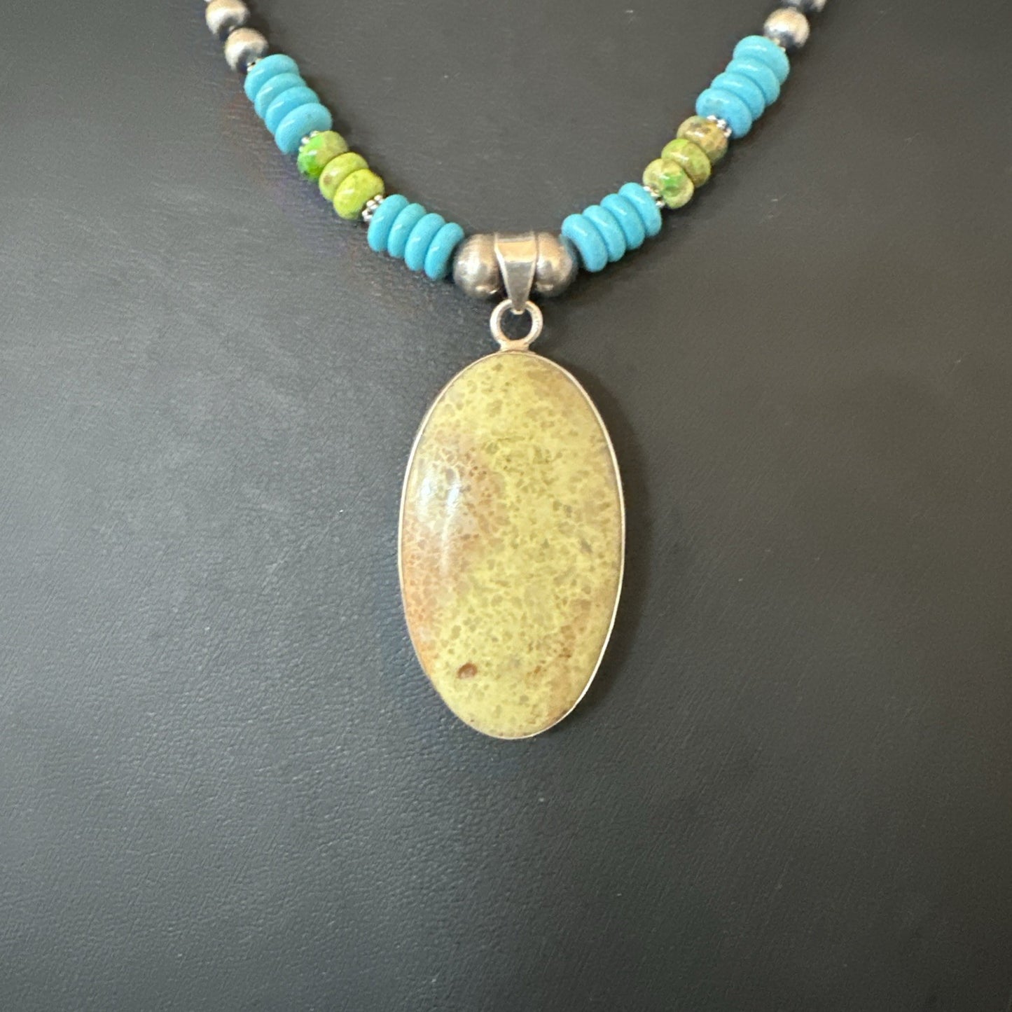 Green Gaspeite Pendant Blue Turquoise Navajo Sterling Silver Necklace 20" 19671