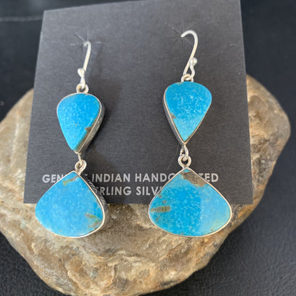 Kingman Turquoise Navajo Sterling Silver Dangle Earrings 1.5" 14013