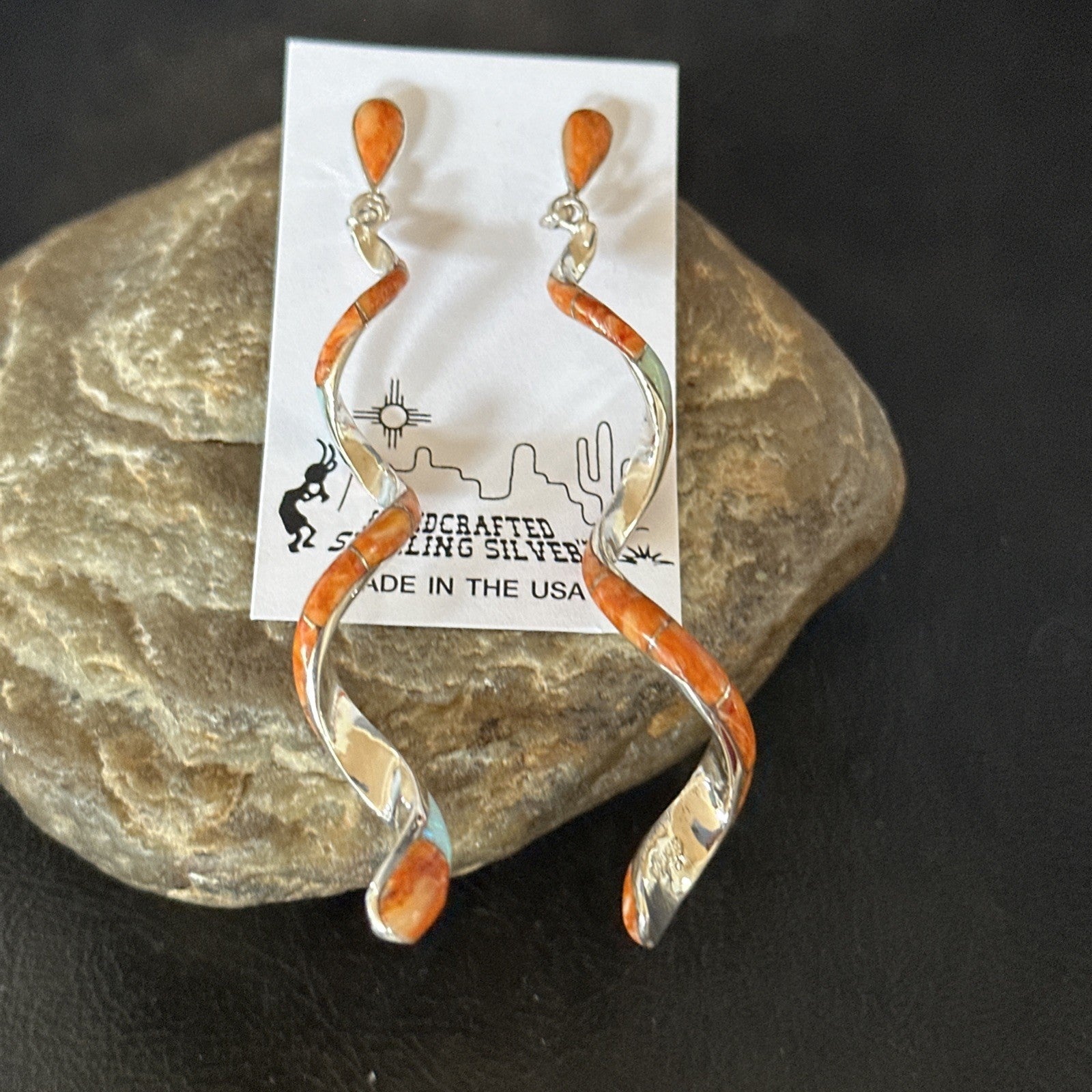 Orange Spiny Oyster Opal Sterling Silver Swirl Dangle Earrings 3" 19134