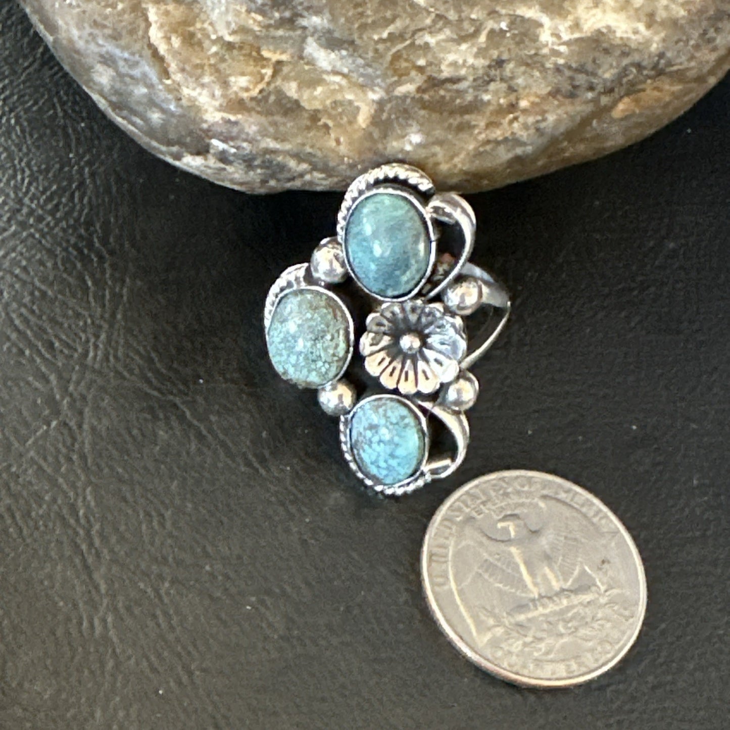 Yazzie Ring Blue Turquoise Navajo Sterling Silver Cluster Size 8 19239