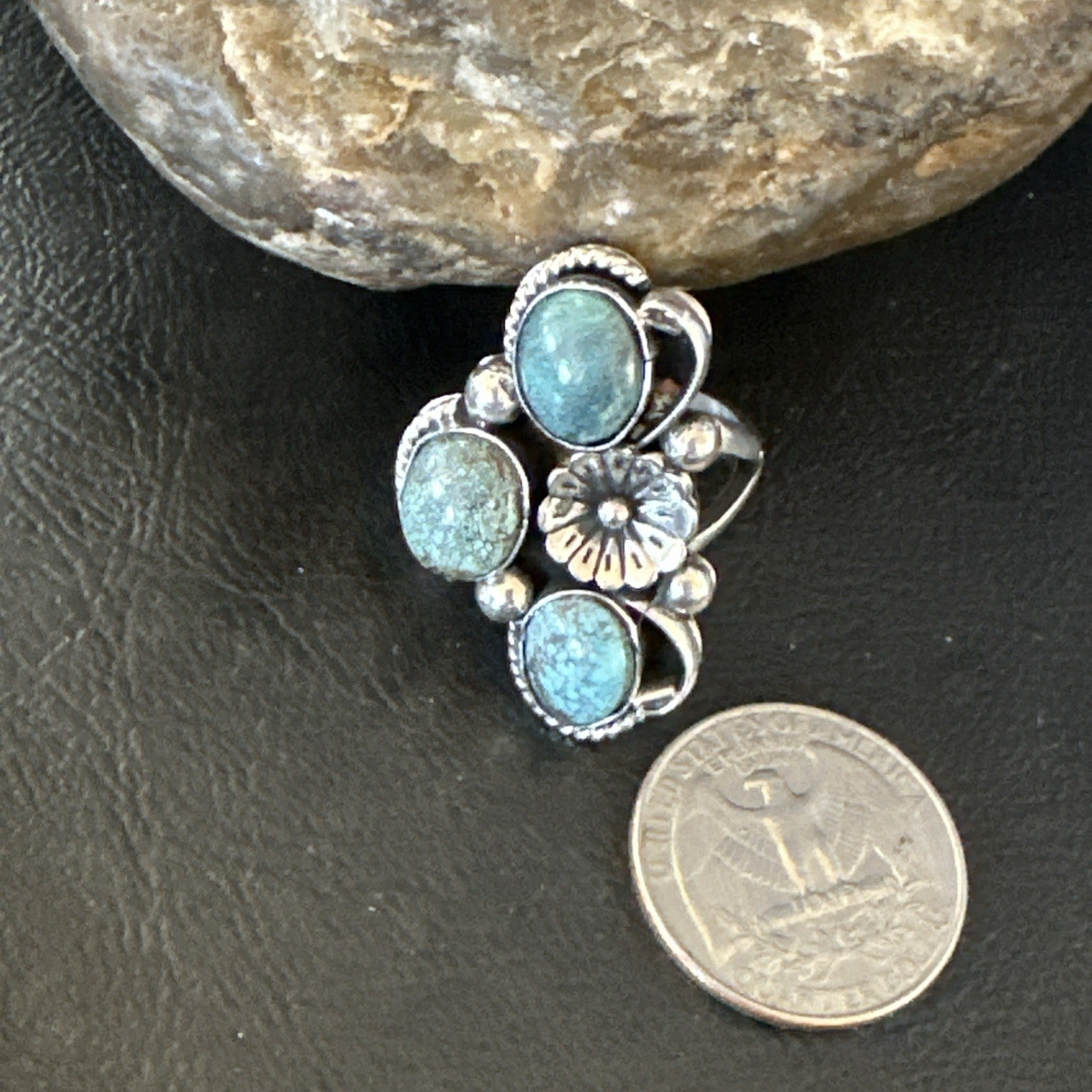 Yazzie Ring Blue Turquoise Navajo Sterling Silver Cluster Size 8 19239