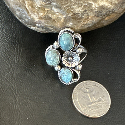 Yazzie Ring Blue Turquoise Navajo Sterling Silver Cluster Size 8 19239