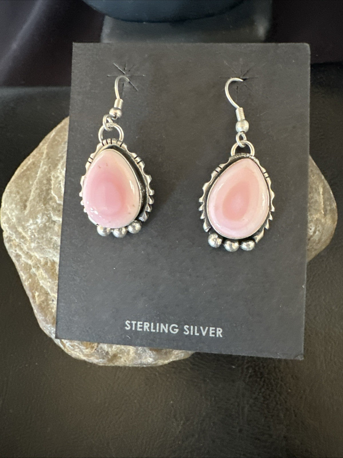Yazzie Pink Queen Conch Navajo Sterling Silver Dangle Earrings 19324