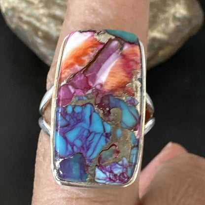 Blue Turquoise Spiny Oyster Southwestern Sterling Silver Ring Size 9 19059