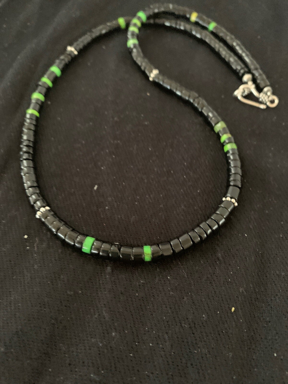 Native Green Turquoise & Onyx Heishi Navajo Sterling Silver Necklace 4687