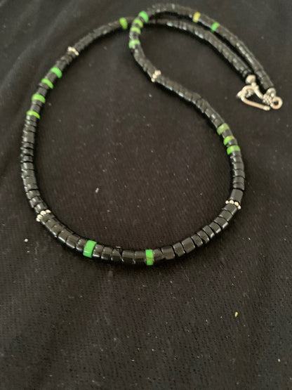 Native Green Turquoise & Onyx Heishi Navajo Sterling Silver Necklace 4687