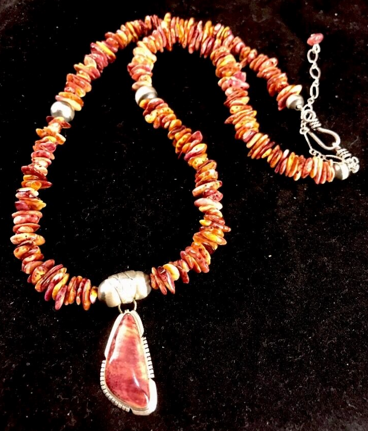 Mens Purple Spiny Oyster Navajo Sterling Silver Beads Necklace 21"
