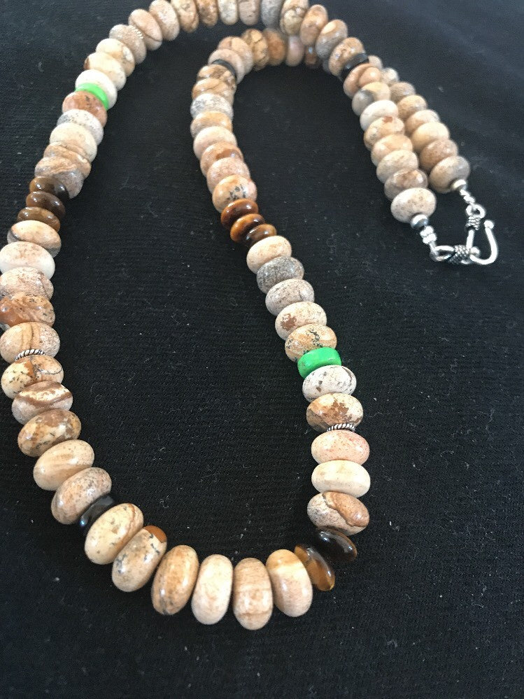 Turquoise Picture Jasper 10 mm Beads Mens Navajo Sterling Silver Necklace 03369