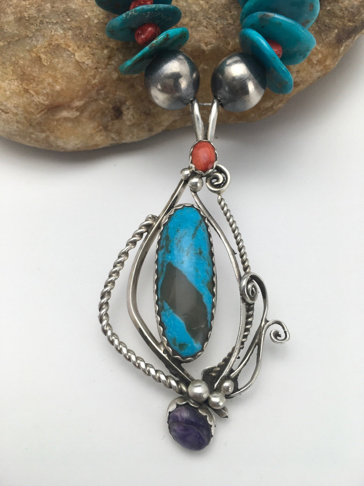 Kingman Turquoise & Spiny Oyster Pendant Navajo Sterling Silver Necklace 02637