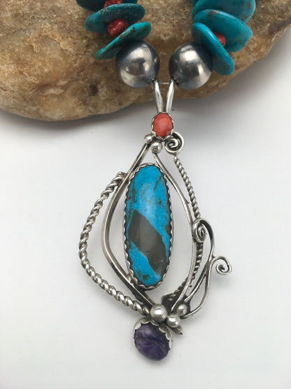 Kingman Turquoise & Spiny Oyster Pendant Navajo Sterling Silver Necklace 02637