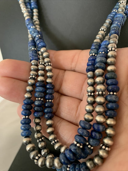 Native Navajo Pearls Denim Lapis 3 Strand Sterling Silver 21” Necklace 00929