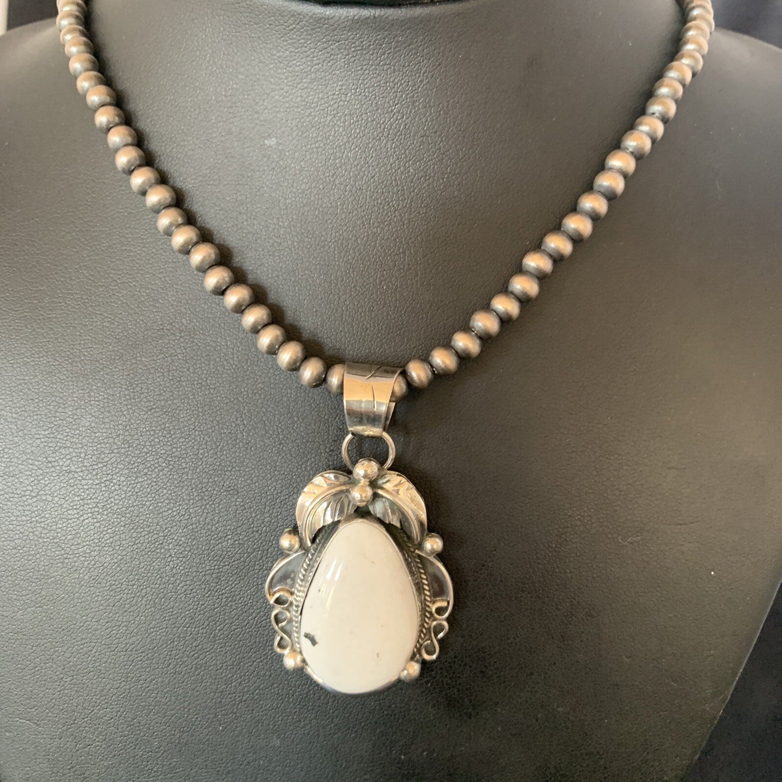 Men White Buffalo Turquoise Pendant Sterling Silver Beads Necklace 12668N