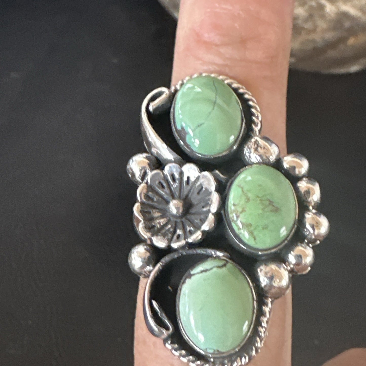 Yazzie Ring Green Turquoise Navajo Sterling Silver Cluster Size 8.5 19211