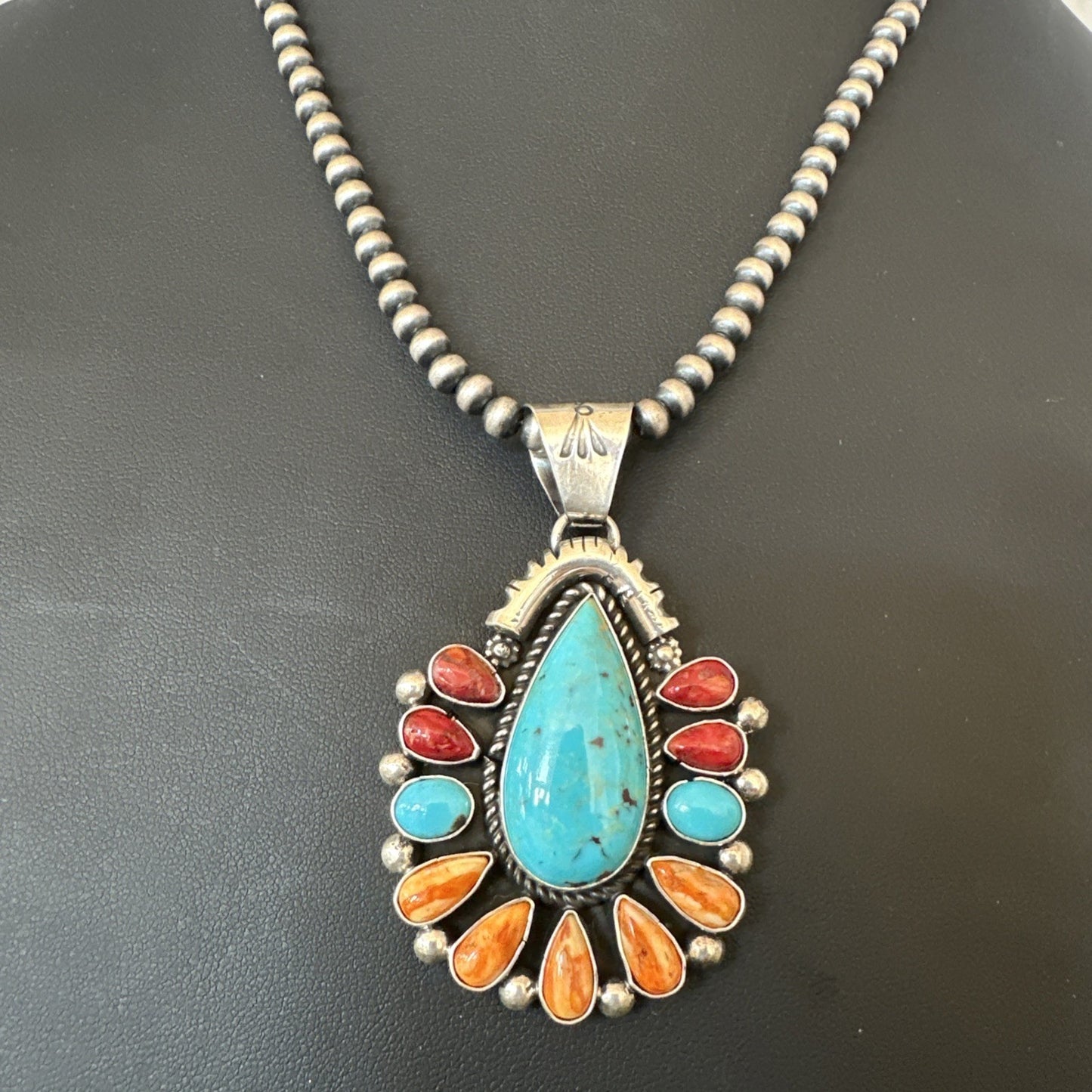 Multicolor Turquoise Spiny Navajo Sterling Silver Cluster Pendant Necklace 19561