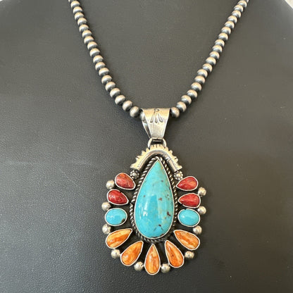 Multicolor Turquoise Spiny Navajo Sterling Silver Cluster Pendant Necklace 19561