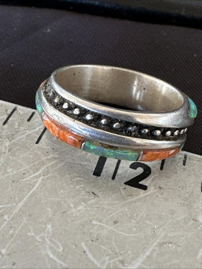 Green Opal Orange Spiny Navajo Sterling Silver Band Inlay Ring Size 9 18811