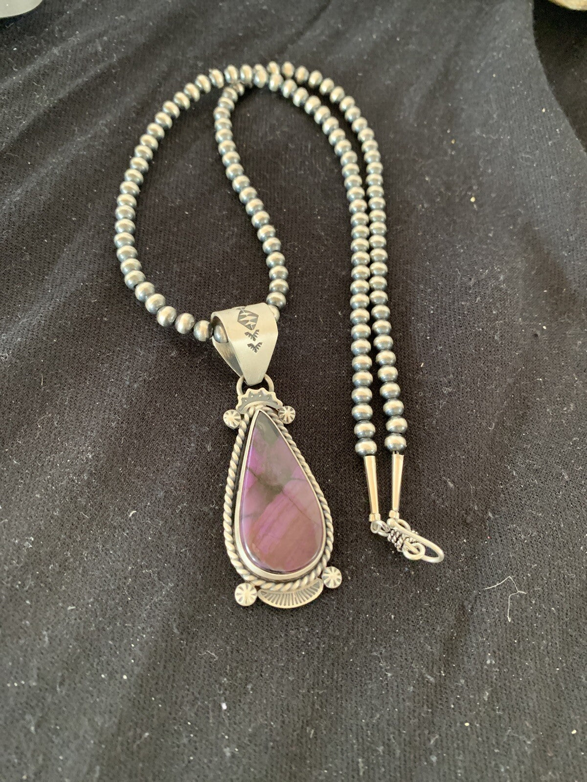 Purple Stone Pendant Navajo Pearls Sterling Silver Necklace 04928