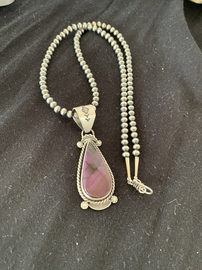 Purple Stone Pendant Navajo Pearls Sterling Silver Necklace 04928