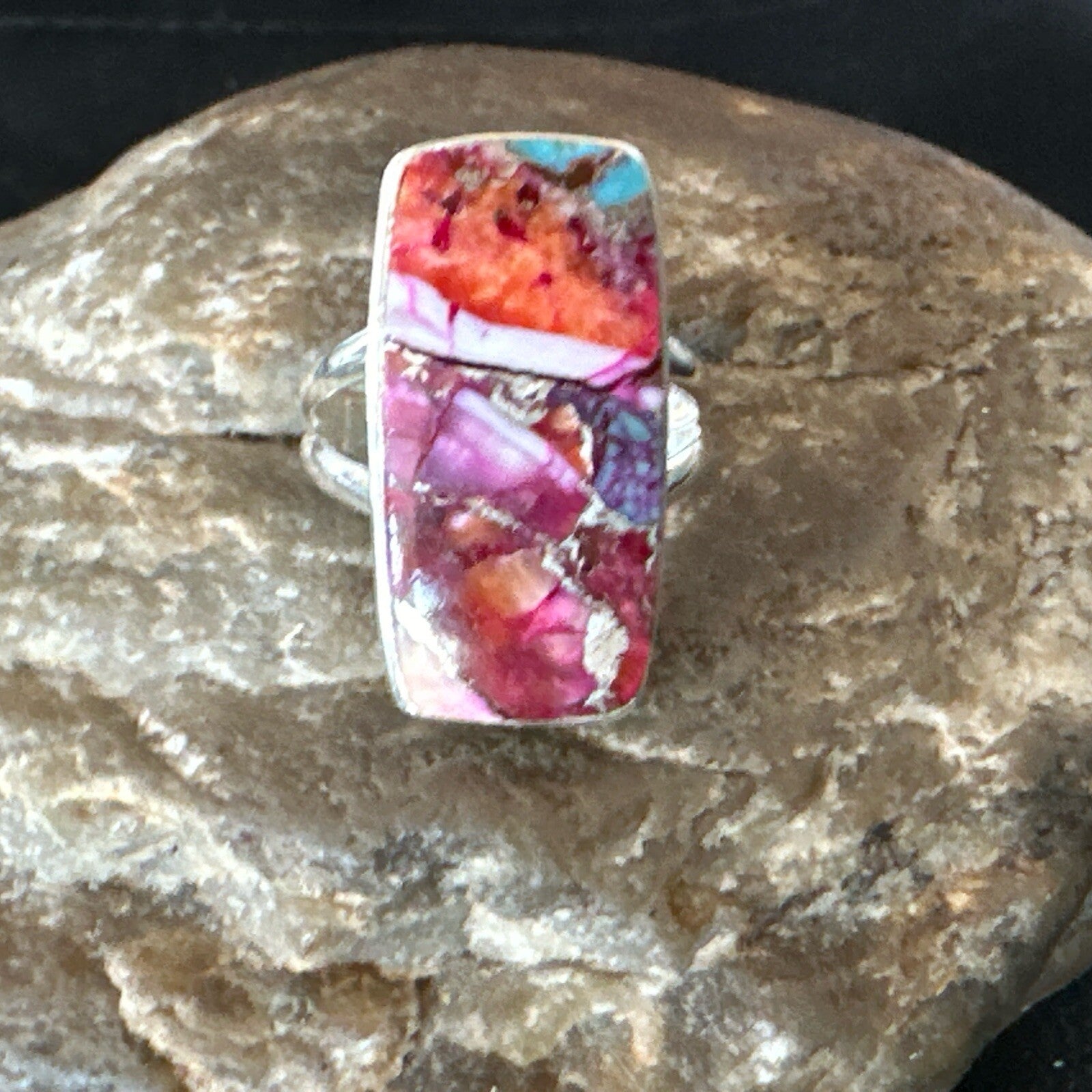 Blue Turquoise Spiny Oyster Southwestern Sterling Silver Ring Size 7 18490