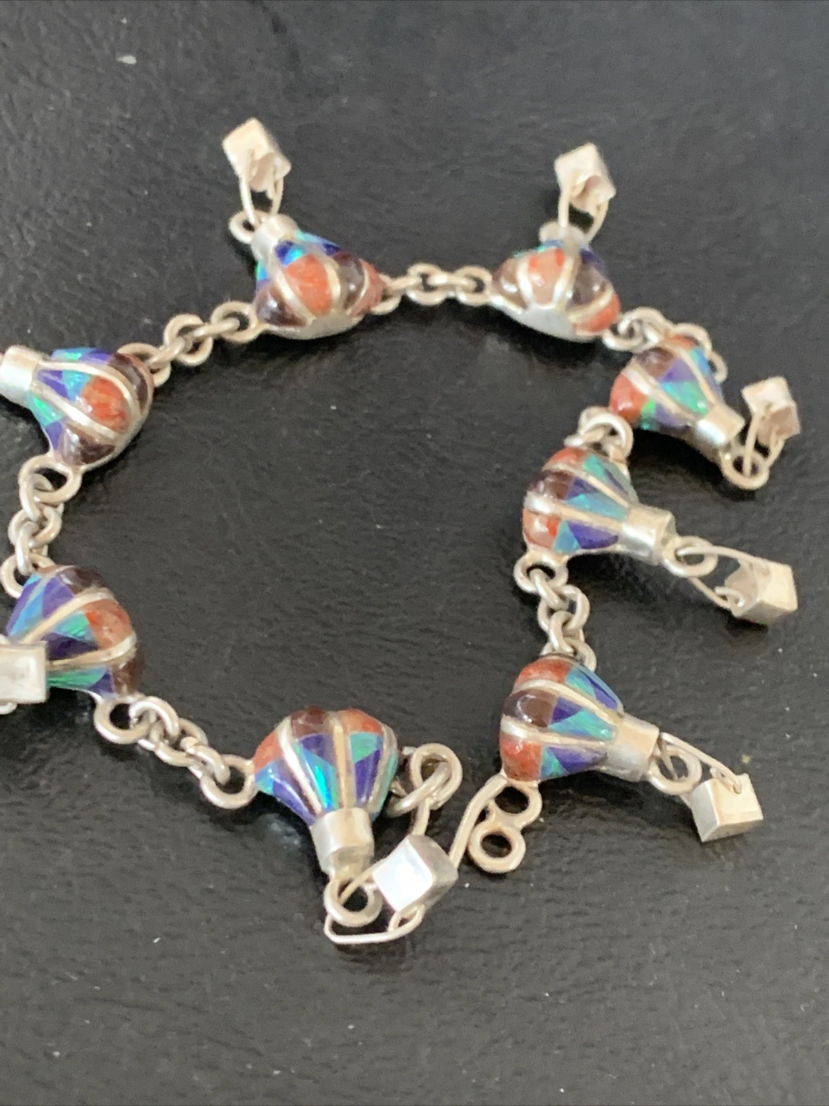 Blue Opal & Coral Balloon Navajo Sterling Silver Link Inlay Bracelet 7.5" 12923