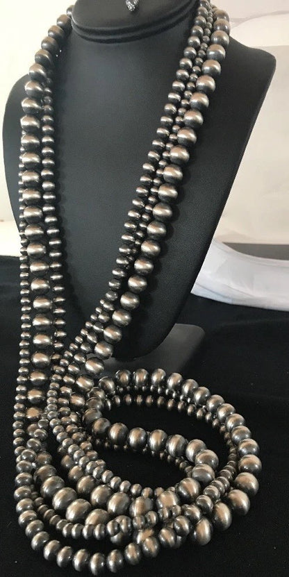 Native American Navajo Pearls Sterling Silver Bead Necklace 60” Long 3 Strands