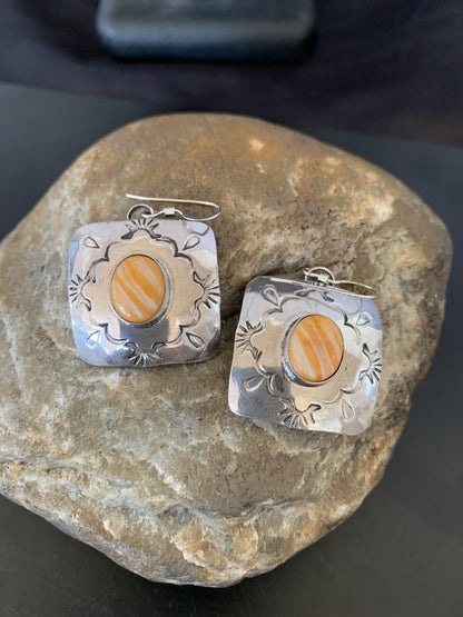 Gold Orange Spiny Oyster Navajo Sterling Silver Earrings 02076