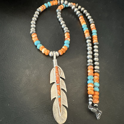 Feather Orange Spiny Opal Pendant Sterling Silver Turquoise Necklace 21” 18672