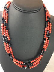 Red Bamboo Coral Black Onyx 3 Strand Necklace | Sterling Silver | Authentic Native American Handmade | 3246