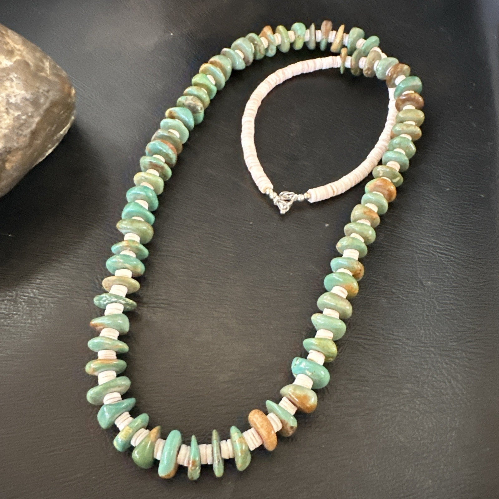 Green Royston Turquoise Shell Santo Domingo Sterling Silver Necklace 27” 19680