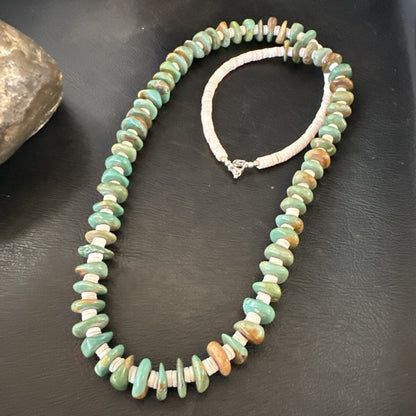 Green Royston Turquoise Shell Santo Domingo Sterling Silver Necklace 27” 19680