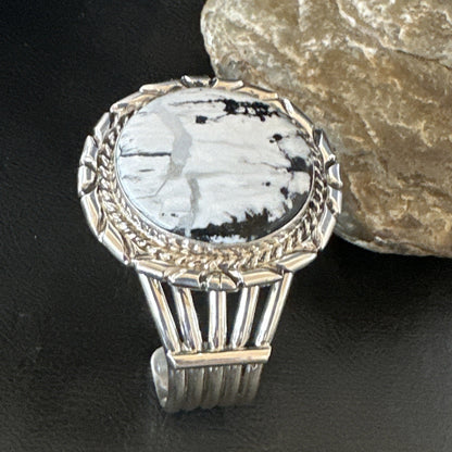 White Buffalo Turquoise Navajo Sterling Silver Cuff Bracelet 19279
