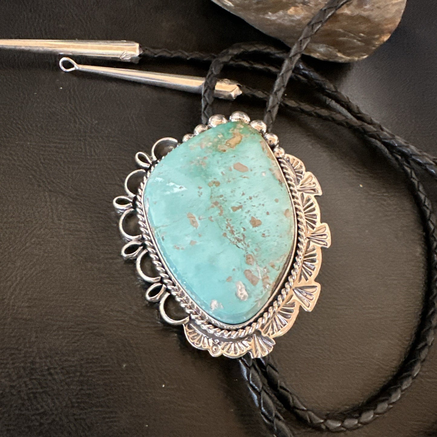 Native Mens Blue Green Royston Turquoise Bolo Tie Sterling Silver Navajo 19592