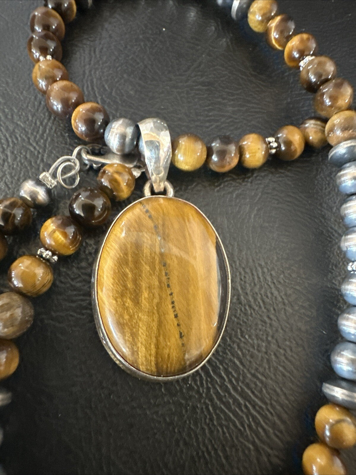 Coffee Brown Tigers Eye Sterling Silver Pendant Necklace Southwestern 18283