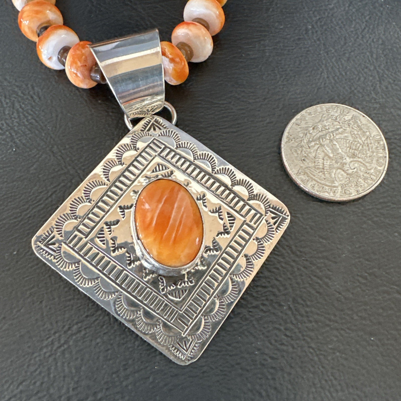 H Joe Orange Spiny Oyster Pendant Navajo Sterling Silver Necklace 19481