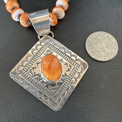 H Joe Orange Spiny Oyster Pendant Navajo Sterling Silver Necklace 19481