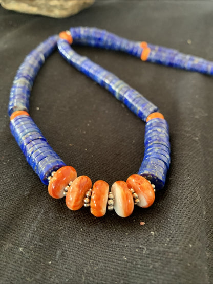 Mens Navajo Sterling Silver Navy Blue Lapis Orange Spiny Oyster Necklace 00929