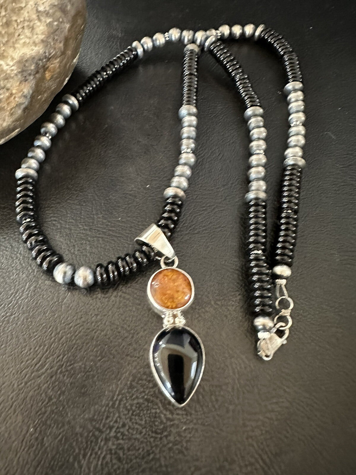 Mens Womens Black Onyx Amber Pendant Navajo Sterling Silver Necklace 18335