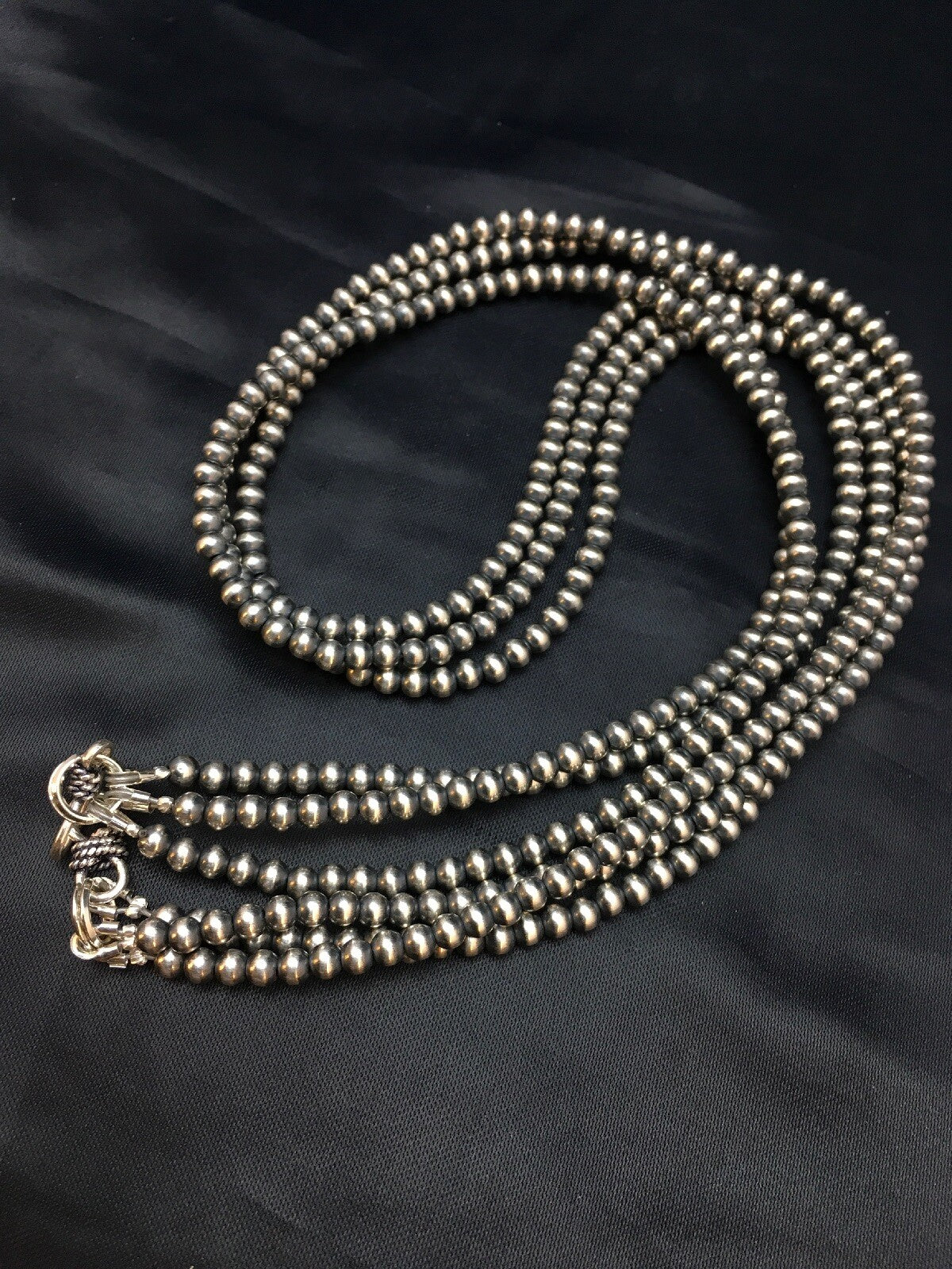 Native American Sterling Silver Navajo 4mm Bead 3 Strand 21" Necklace
