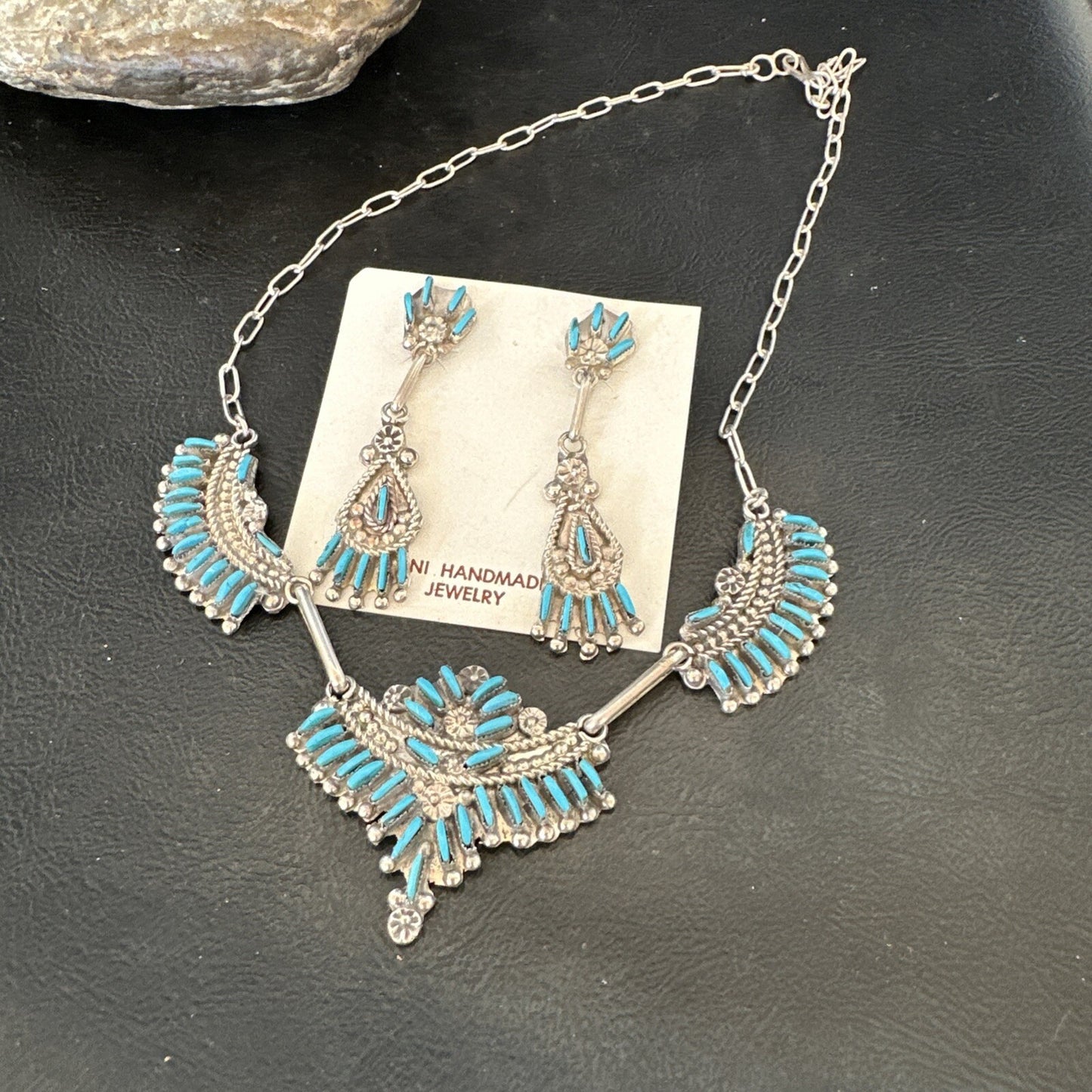 ZUNI Blue Turquoise Sterling Silver Beads Needlepoint Necklace Earrings 18595