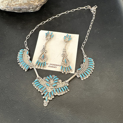 ZUNI Blue Turquoise Sterling Silver Beads Needlepoint Necklace Earrings 18595