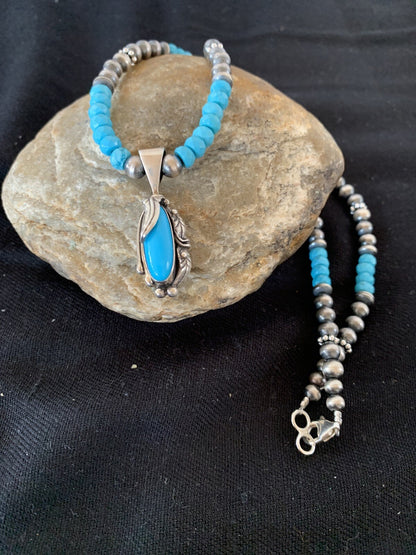 Blue Faceted Turquoise Sterling Silver Necklace Sleeping Beauty Pendant 00564