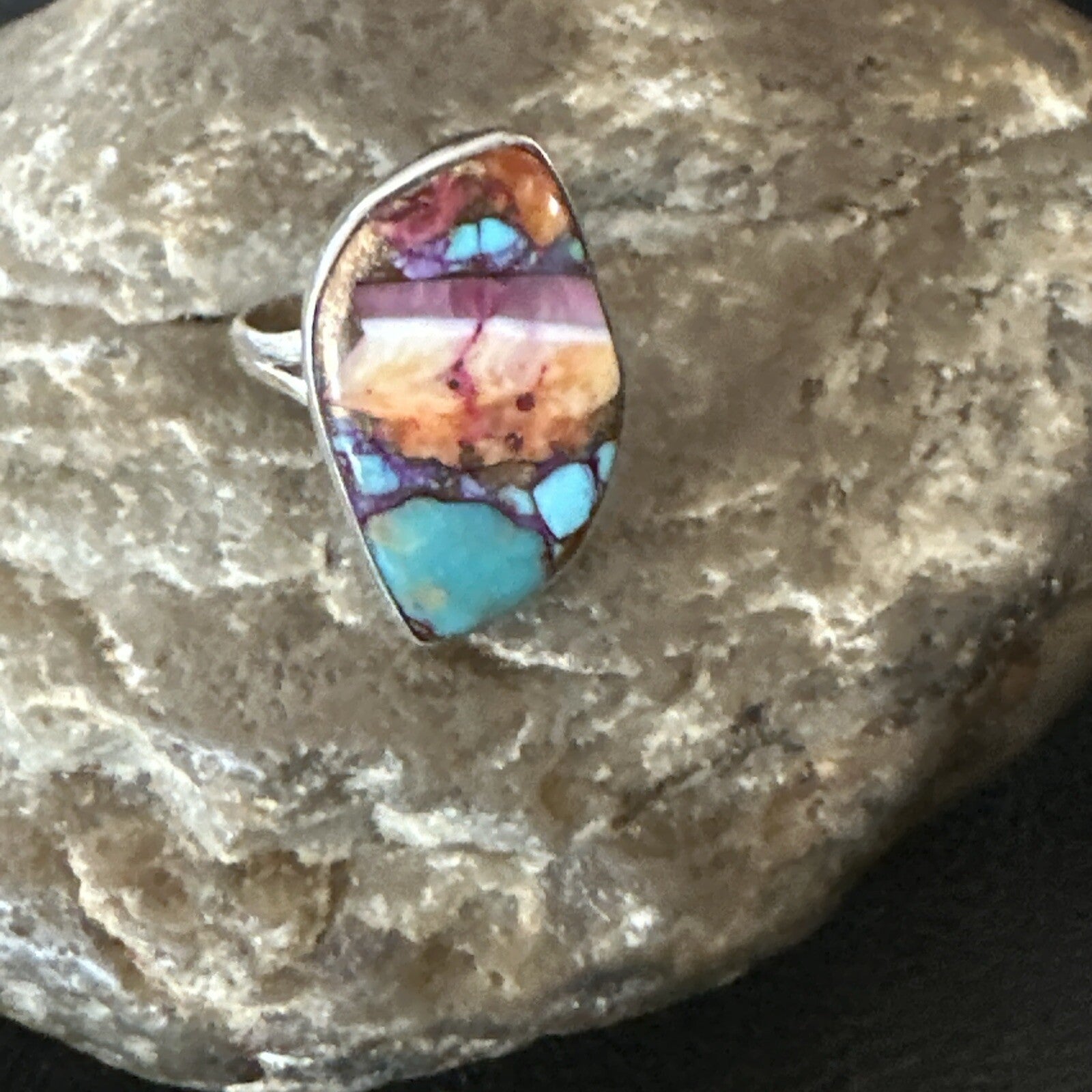 Blue Turquoise Spiny Oyster Southwestern Sterling Silver Ring Size 8 18440