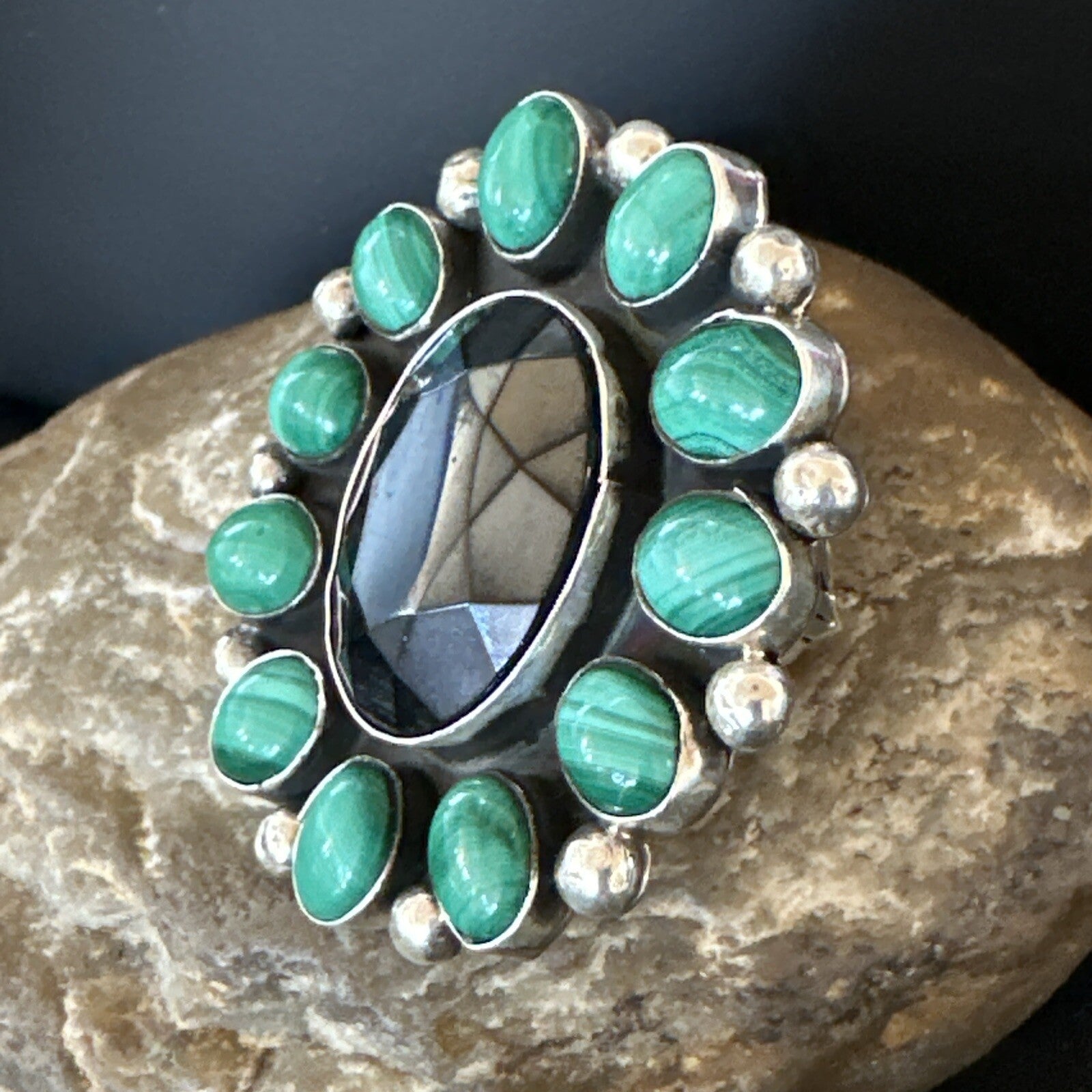 Green Malachite Quartz Navajo Sterling Silver Cluster Ring Size 10.5 18399