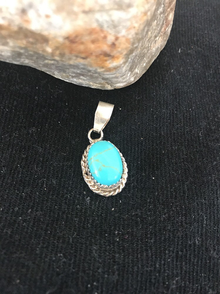 Blue Turquoise Navajo Sterling Silver Native American Pendant 1" 03162
